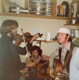 Liam Clancy backstage with Jerry Holland and Allister MacGillivrey